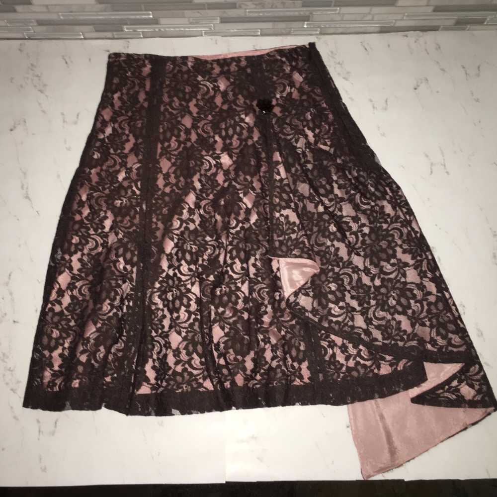 Odille Brown Lace Overlay A-Line Skirt-EUC